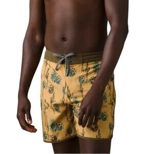 prAna Size 30 Yellow 6” Vintage Swim Boardshorts Morro Cactus Swim Trunks Q3-14